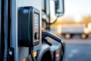 Electric Truck Charging Station: A close-up shot of an electric truck charging at a station, showcasing the charging cable plugged into the vehicle, the charging station.