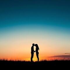 Obraz premium Silhouettes of a couple sharing a kiss against a heartshaped sunset, romantic and timeless love scene