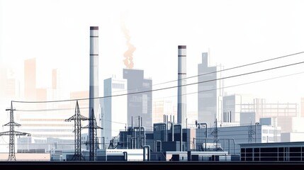 Obraz premium Flat vector illustration of a modern industrial complex with buildings, chimneys, pipes, and power lines on a white background.