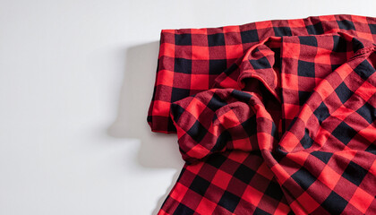 Fototapeta premium Cozy flannel pajamas neatly folded on a minimalist white surface with red and black plaid pattern
