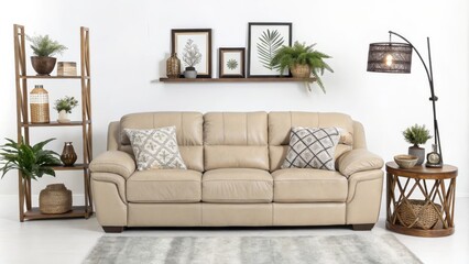 Beige Leather Sofa in Modern Living Room with Plants and Wooden Accents, Interior Design, Home Decor Living room, sofa, plants
