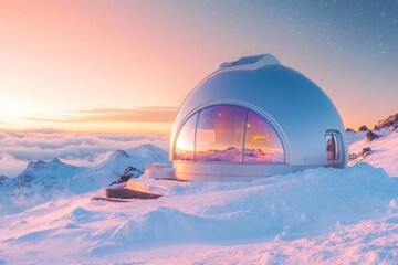 A space observatory perched on a snowy mountain, with a clear view of a crystal-clear starry sky