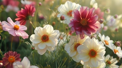 Vibrant display of blooming flowers in a sunny garden, showcasing colorful petals and natural beauty