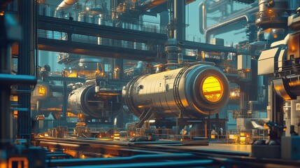 Naklejka premium Industrial zone, Steel pipelines and pumps at factory