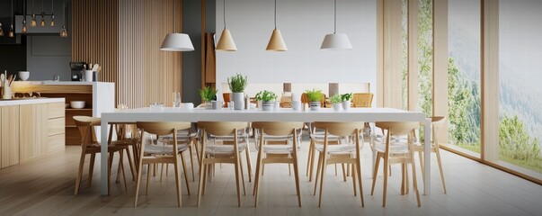 Elegant dining room design featuring modern furniture and natural light cozy atmosphere with scenic views