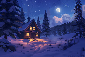 Fototapeta premium Glowing snow-covered cabin in a cozy winter scene.
