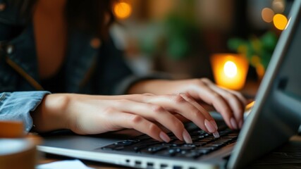 Hands typing on laptop in cozy, warm atmosphere with candles, perfect for remote work or personal projects