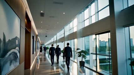 Executives walking purposefully down the main hallway of a large modern company