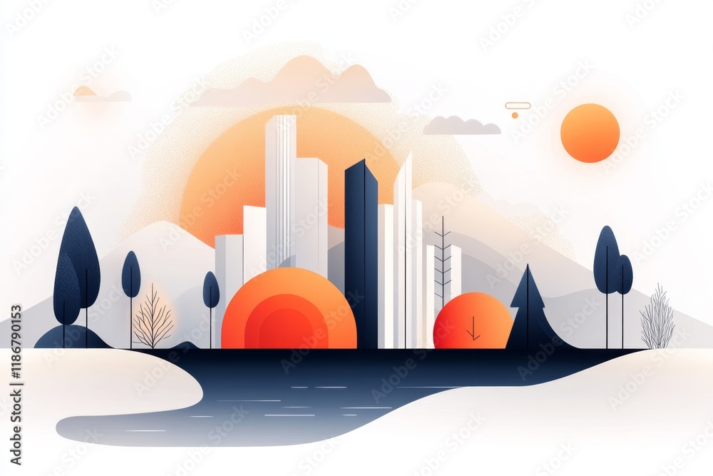 Poster A stylized depiction of a single skyscraper with geometric patterns and clean lines, set against a gradient sky