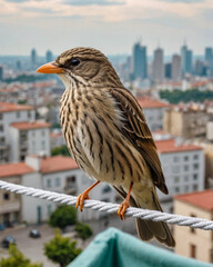 Close-up retrato pajaro posado sobre la cuerda de un tendedero de ropa en una ciudad