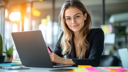 Confident Businesswoman at Work: A young, confident businesswoman sits at her desk, working on her laptop. She is wearing glasses and a black blazer, and she has a pen in her hand.