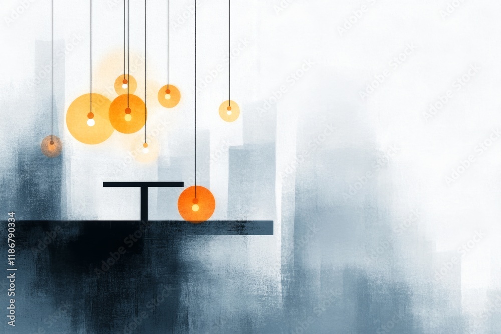 Aufkleber A stylized design of a single urban cafÃ© table under a string of hanging lights, drawn in muted tones with sleek edges