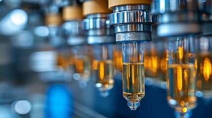 Close-up of amber liquid filling machine in factory.