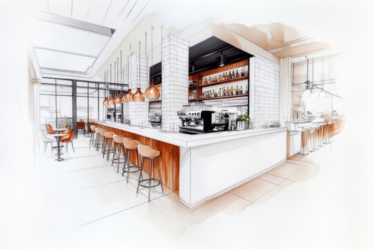 A stylized design of a single urban cafÃ© table under a string of hanging lights, drawn in muted tones with sleek edges