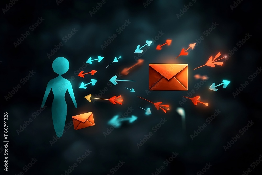 Poster digital artwork with simplified human form as the focal point surrounded by dynamic arrows in vivid 