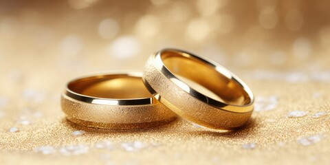 Glittering Gold Wedding Bands on Textured Background for Invitations, Marriage, Matrimony, and Love - Copy Space Available