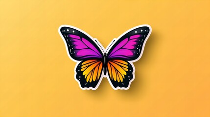Vibrant purple and orange butterfly sticker on a yellow background.  A playful and colorful design.