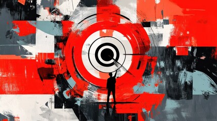 High contrast art collage depicting brand positioning strategies with a circular target at the center, symbolizing market focus and strategic planning. illustration
