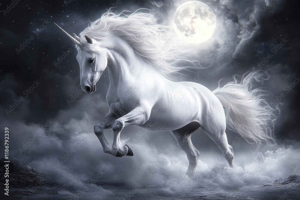 Poster a unicorn leaping gracefully over a moonlit river, its mane and tail leaving trails of light in the 