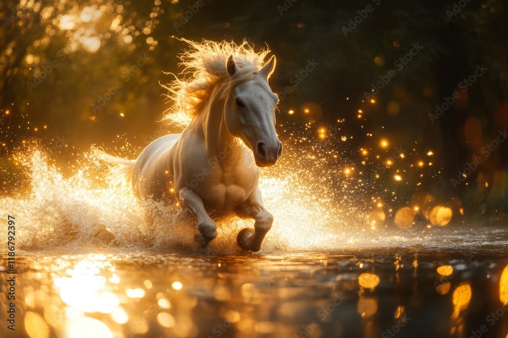 Poster a unicorn leaping gracefully over a moonlit river, its mane and tail leaving trails of light in the 