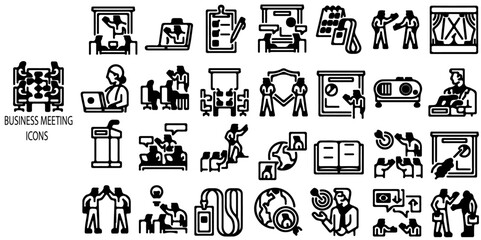 Business meeting simple concept 28 icons set. Related team, teamwork, co-workers, cooperation. Linear busines simple symbol collection. vector illustration.