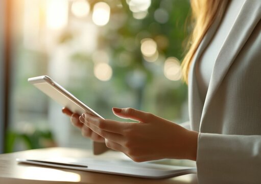 Modern Businesswoman Using Tablet: Close-up of a businesswoman's hands expertly using a tablet computer, showcasing professionalism and technological proficiency in a modern office setting.