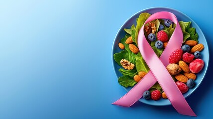 A colorful bowl of fresh fruits, nuts, and greens adorned with a pink ribbon, symbolizing breast cancer awareness and healthy eating.