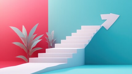 White stairs ascending to a large arrow against a pink and teal background with plants.