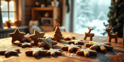 Warm golden light illuminates a table scattered with gingerbread stars and festive figures, creating a cozy holiday scene.