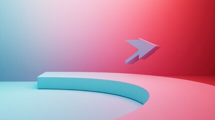 Abstract 3D render of curved platform and arrow, showcasing direction and movement in a vibrant gradient background.