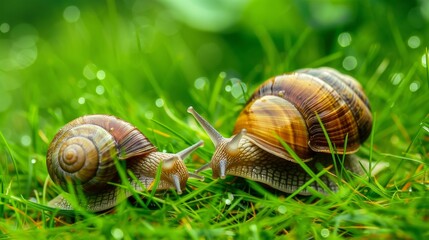 Illustration showing three snails on green grass. Suitable for nature articles, educational materials on biology and ecology, as well as for children's books and textbooks.