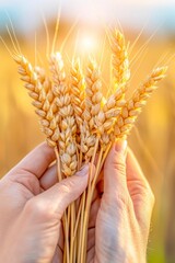 Golden Harvest in Hand: A pair of hands delicately holds a handful of ripe wheat stalks, bathed in the warm glow of the setting sun, symbolizing the bounty of nature and the golden promise of harvest.