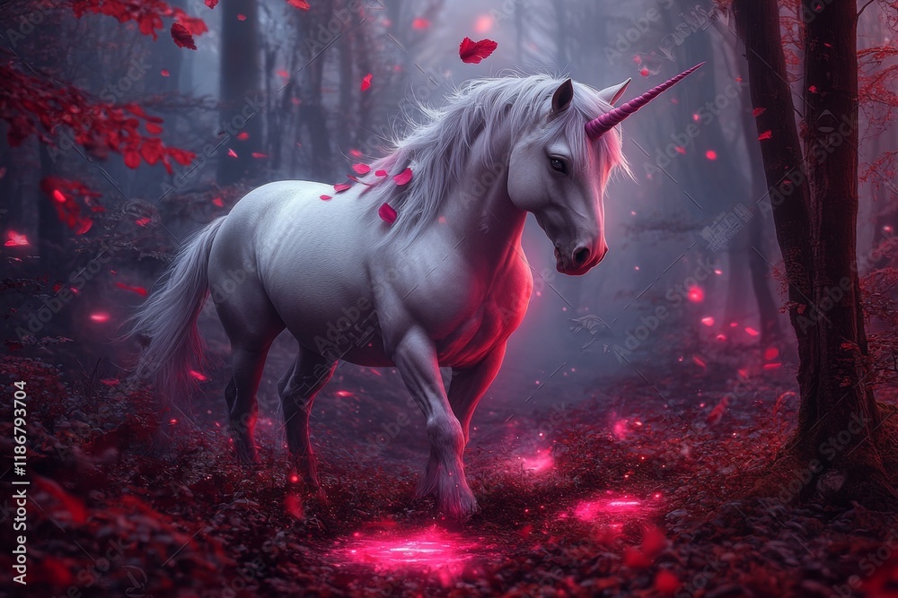 Poster a unicorn walking through a mystical cave filled with glowing crystals and reflecting pools of light