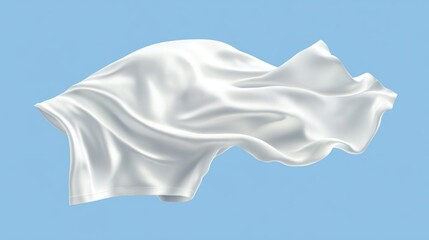 White silk fabric flowing in the wind on a light blue background.