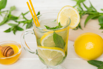 Fototapeta premium Mojito cocktail. Refreshing mojito cocktail with lime, lemon and mint in a tall glass with a stick