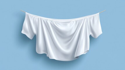 White t-shirt hanging on a clothesline against a light blue background.