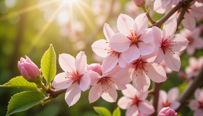 Obraz premium Close-up of delicate pink and white blossoms shining in sunlight during spring season