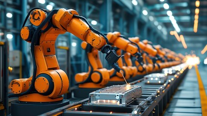 Fototapeta premium Dynamic image showcasing robotic arms in a modern factory, highlighting innovation and automation in manufacturing processes
