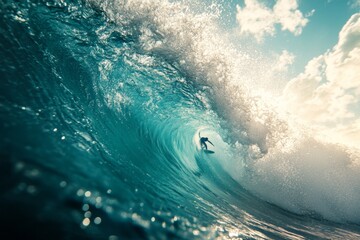 Ocean wave curling with splashes illuminated by soft sunlight