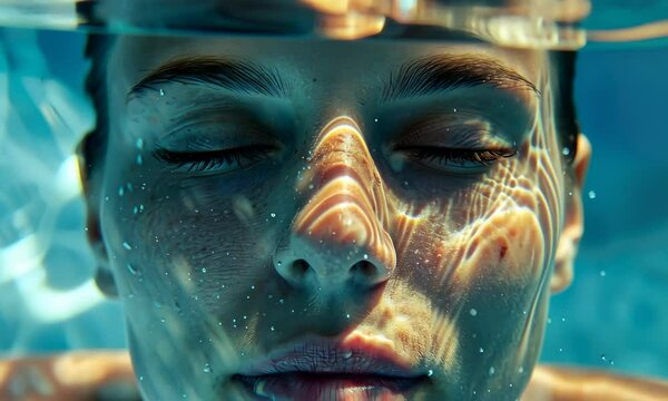 Close-up of person submerged in water, their face partially above surface, with water ripples and bubbles