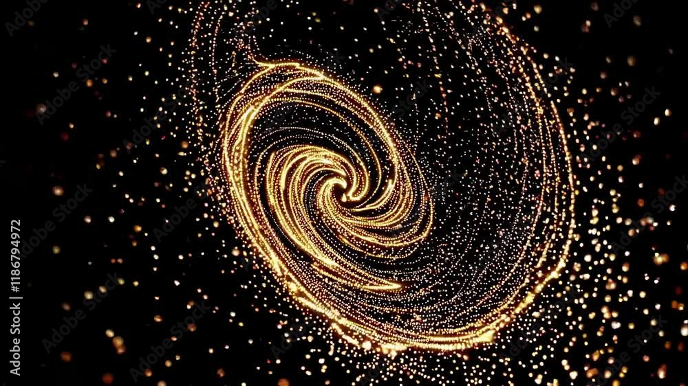 Poster swirling golden particles create mesmerizing cosmic spiral in dark space