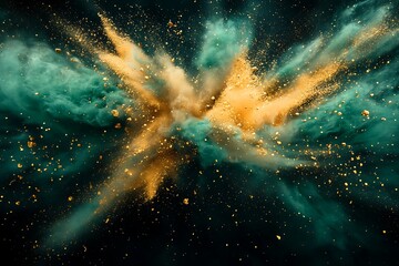 A dark green and gold powder explosion representing the lush and luxurious motion of dynamic colors