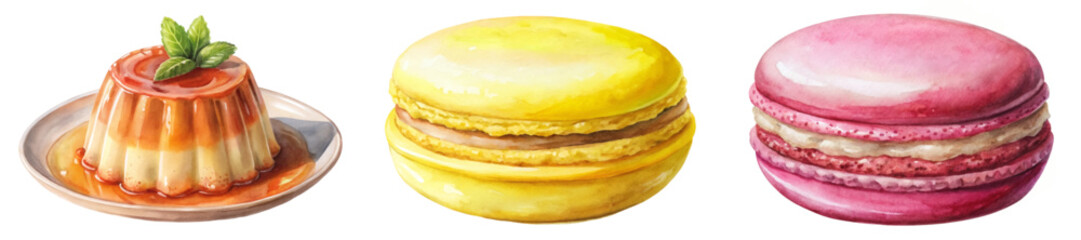 Colorful dessert illustrations, watercolor style, sweet treats, gourmet pastries, vibrant macarons, creamy flan, food art.