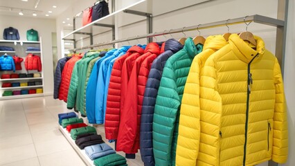 Colorful Puffer Jackets on Display Retail Composition, Clothing Store Image, Winter Fashion Concept Winter Fashion, Puffer Jacket