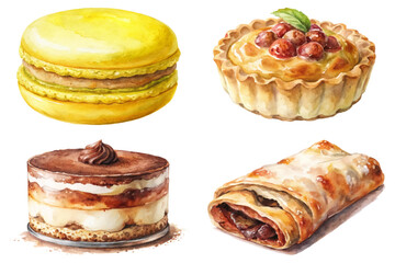 Colorful dessert illustrations, watercolor style, sweet pastries, gourmet treats, artistic food presentation.