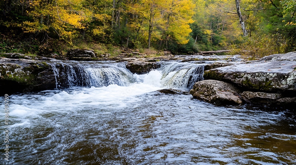 Poster tranquil autumn river scene with flowing water and colorful forest in background : generative ai