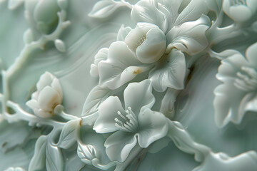 Exquisite Jade Floral Motif: Intricate Vine and Blossom Design on Lustrous Background