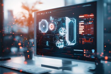 A whimsical 2D drawing of a gaming rig upgrading itself with robotic arms, surrounded by colorful digital effects