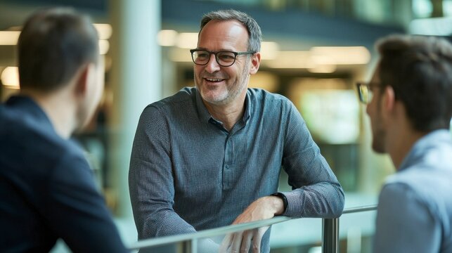 Collaborative Conversations:  A mature businessman with a warm smile engages in a friendly discussion with two younger colleagues.