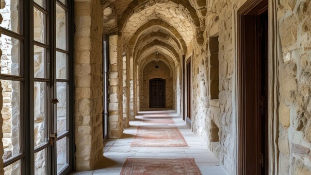 Elegant stone corridor featuring arches, natural light, and warm ambiance, ideal for showcasing historical architecture - Powered by Adobe